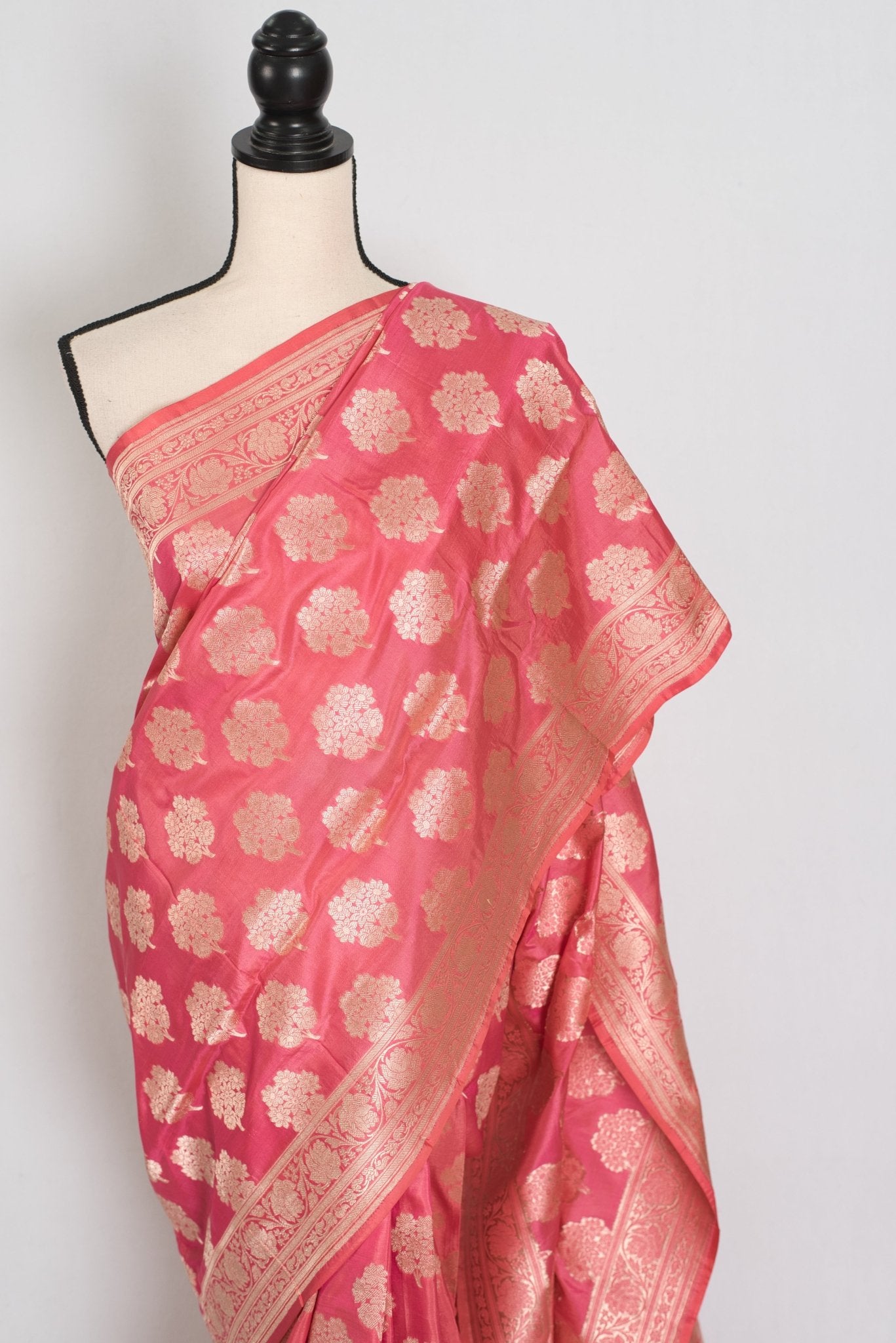 Tanima: Silk Mark Certified Pink & Gold Jaal Banarasi Saree with Size 40 Blouse - Saree Mandi