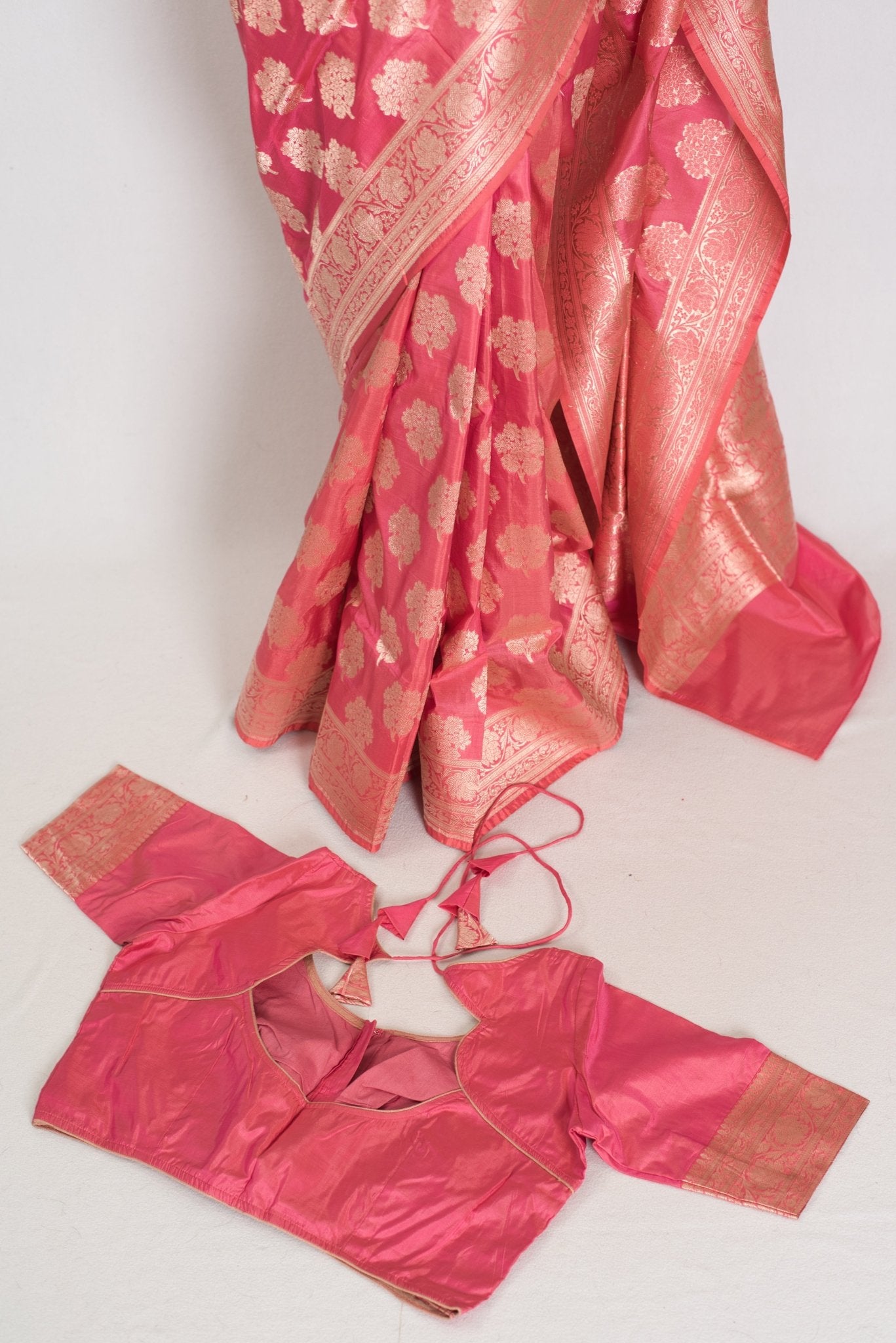 Tanima: Silk Mark Certified Pink & Gold Jaal Banarasi Saree with Size 40 Blouse - Saree Mandi