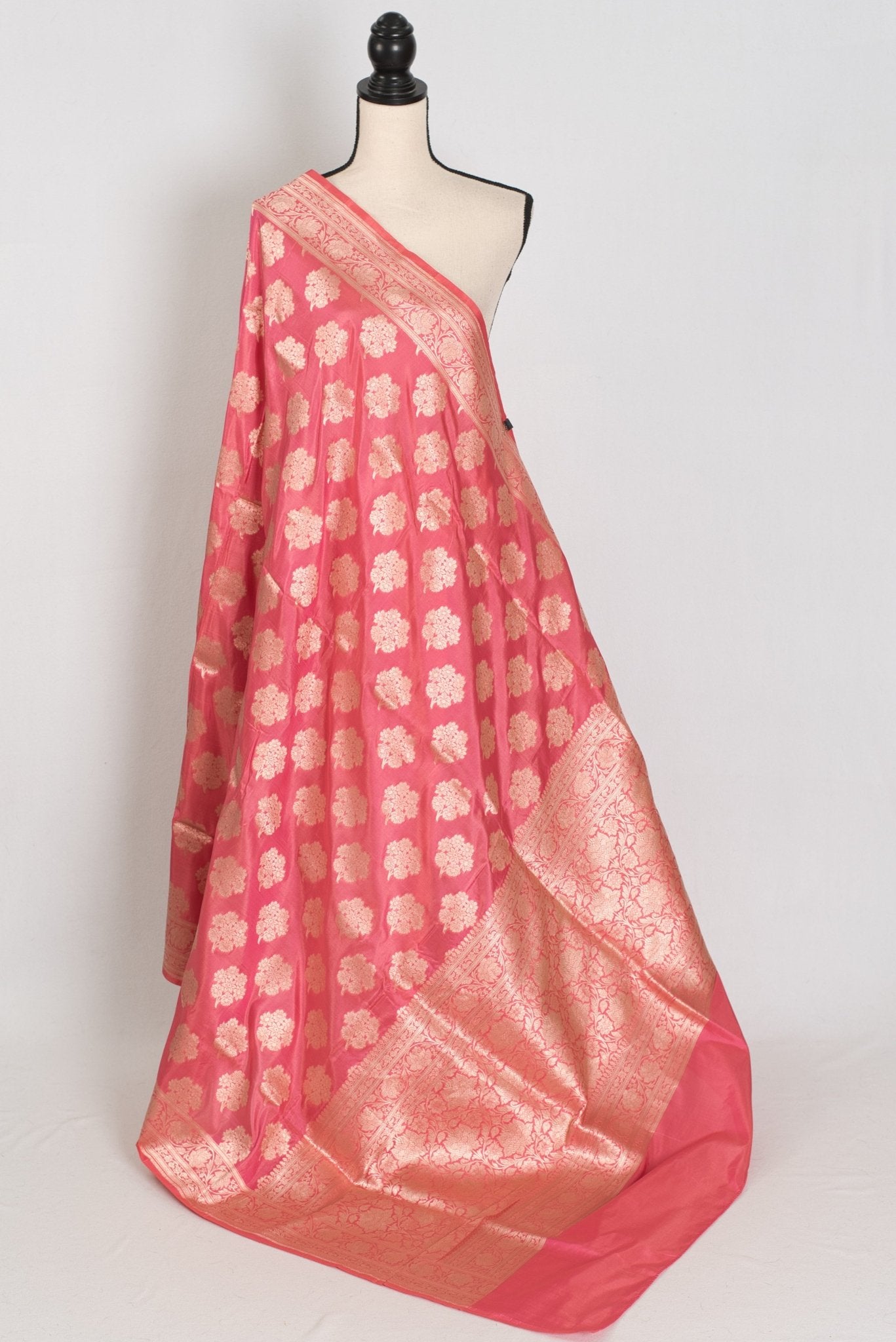 Tanima: Silk Mark Certified Pink & Gold Jaal Banarasi Saree with Size 40 Blouse - Saree Mandi