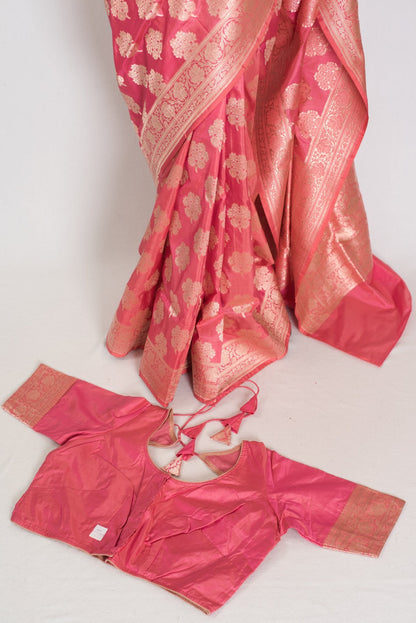 Tanima: Silk Mark Certified Pink & Gold Jaal Banarasi Saree with Size 40 Blouse - Saree Mandi