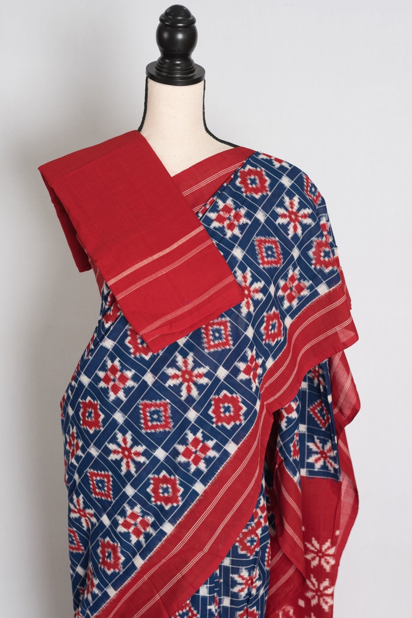 Blue Ikat saree — drape view
