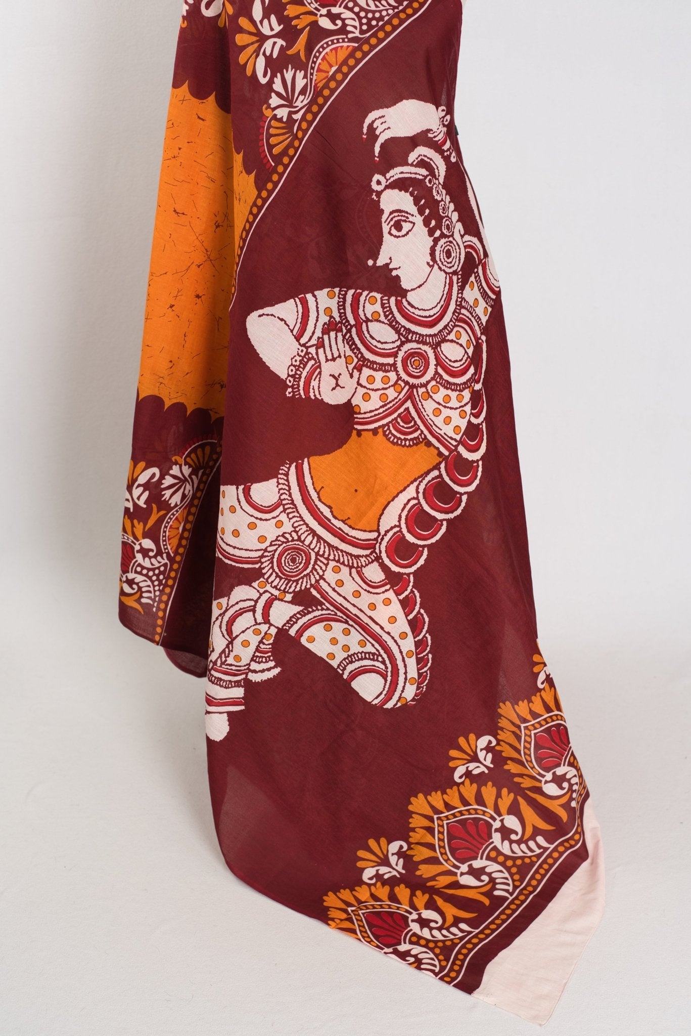 Trina: Orange & Red Batik Printed Mulmul Cotton Saree | Lightweight Handloom - Saree Mandi