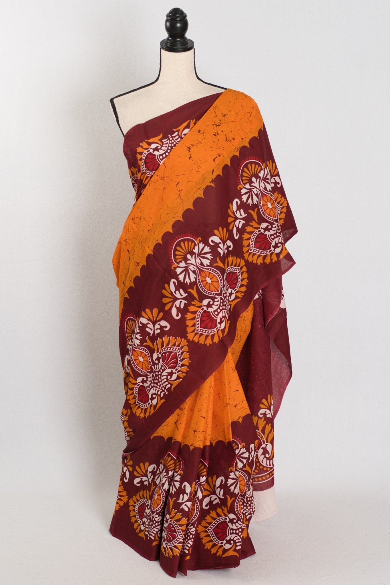 Trina: Orange & Red Batik Printed Mulmul Cotton Saree | Lightweight Handloom - Saree Mandi