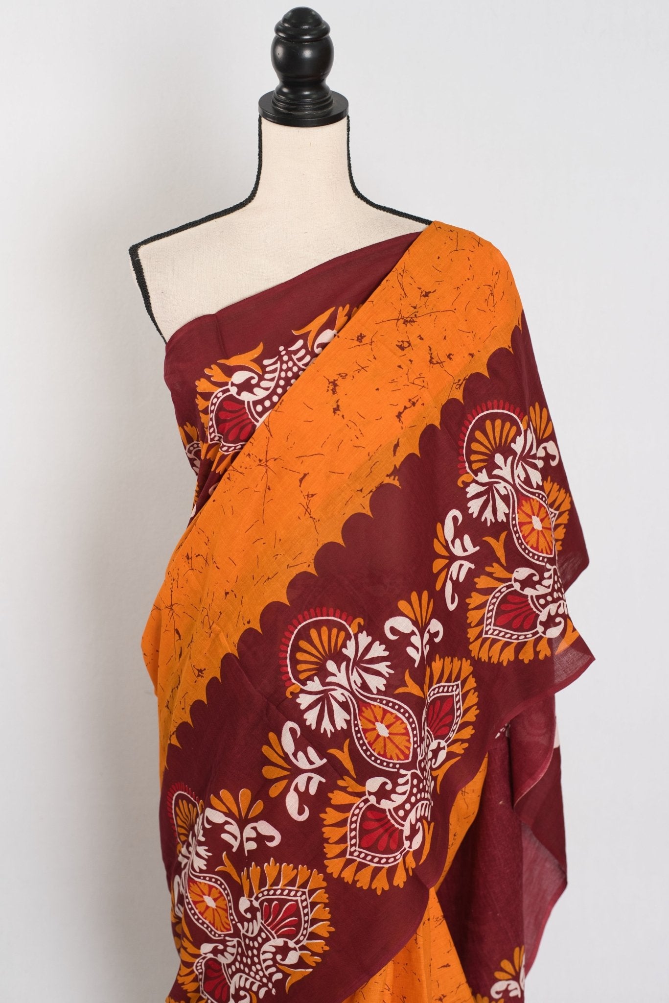 Trina: Orange & Red Batik Printed Mulmul Cotton Saree | Lightweight Handloom - Saree Mandi