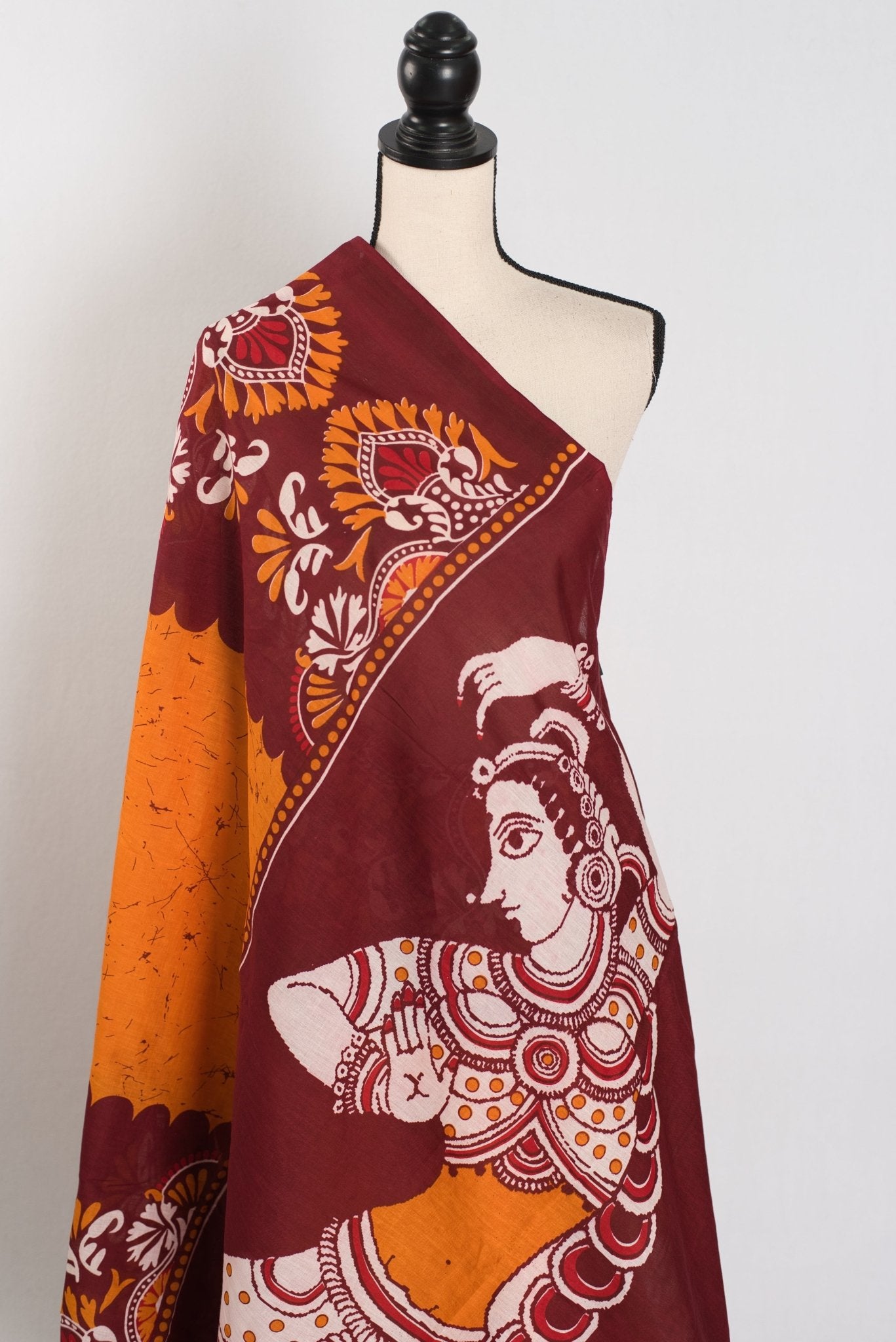 Trina: Orange & Red Batik Printed Mulmul Cotton Saree | Lightweight Handloom - Saree Mandi