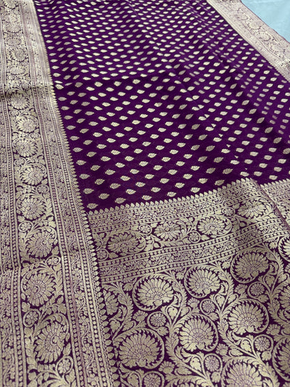 Trina : Wine and Gold Crepe Georgette Banarasi Saree - Saree Mandi