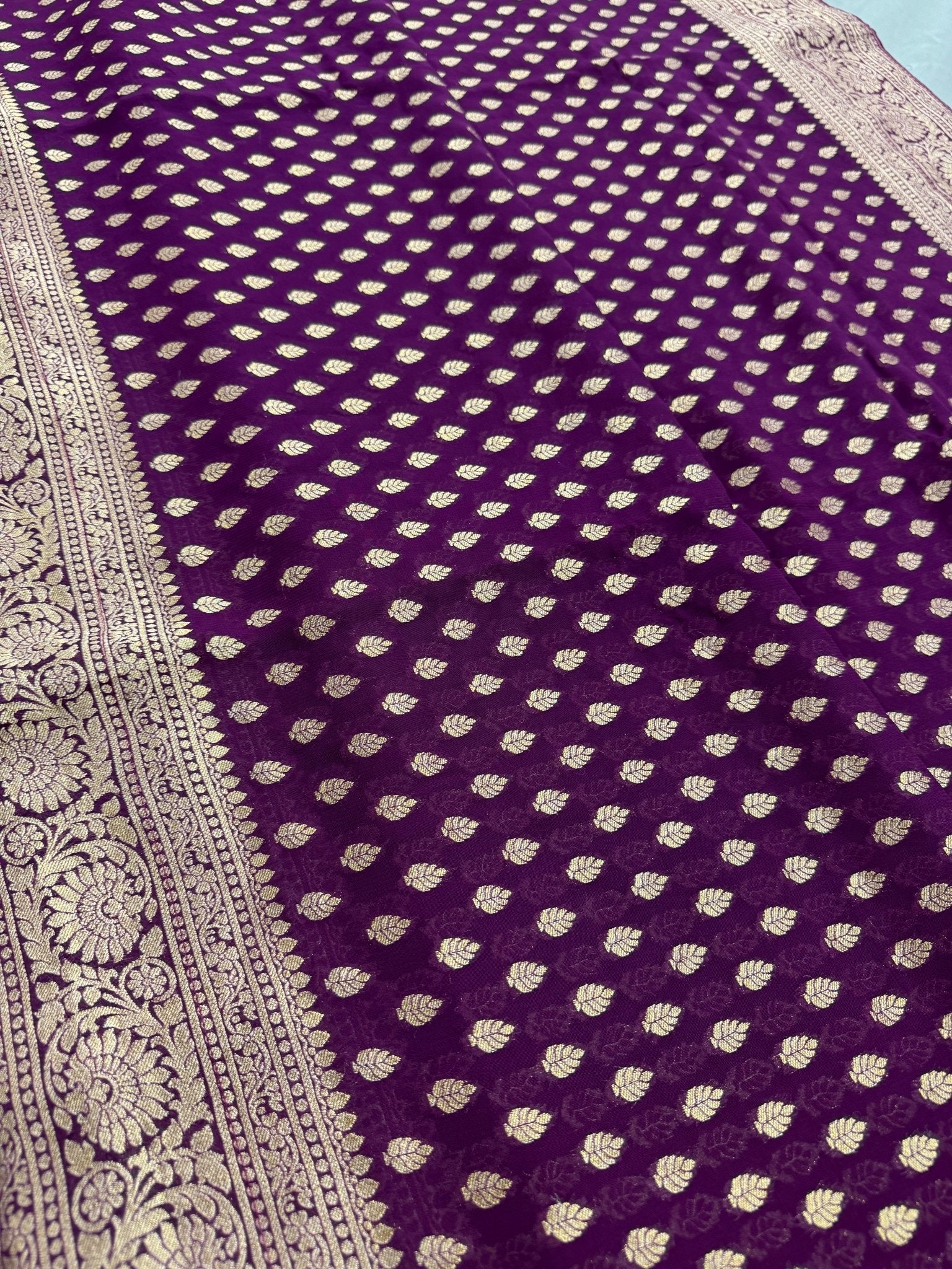Trina : Wine and Gold Crepe Georgette Banarasi Saree - Saree Mandi