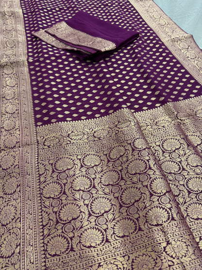 Trina : Wine and Gold Crepe Georgette Banarasi Saree - Saree Mandi