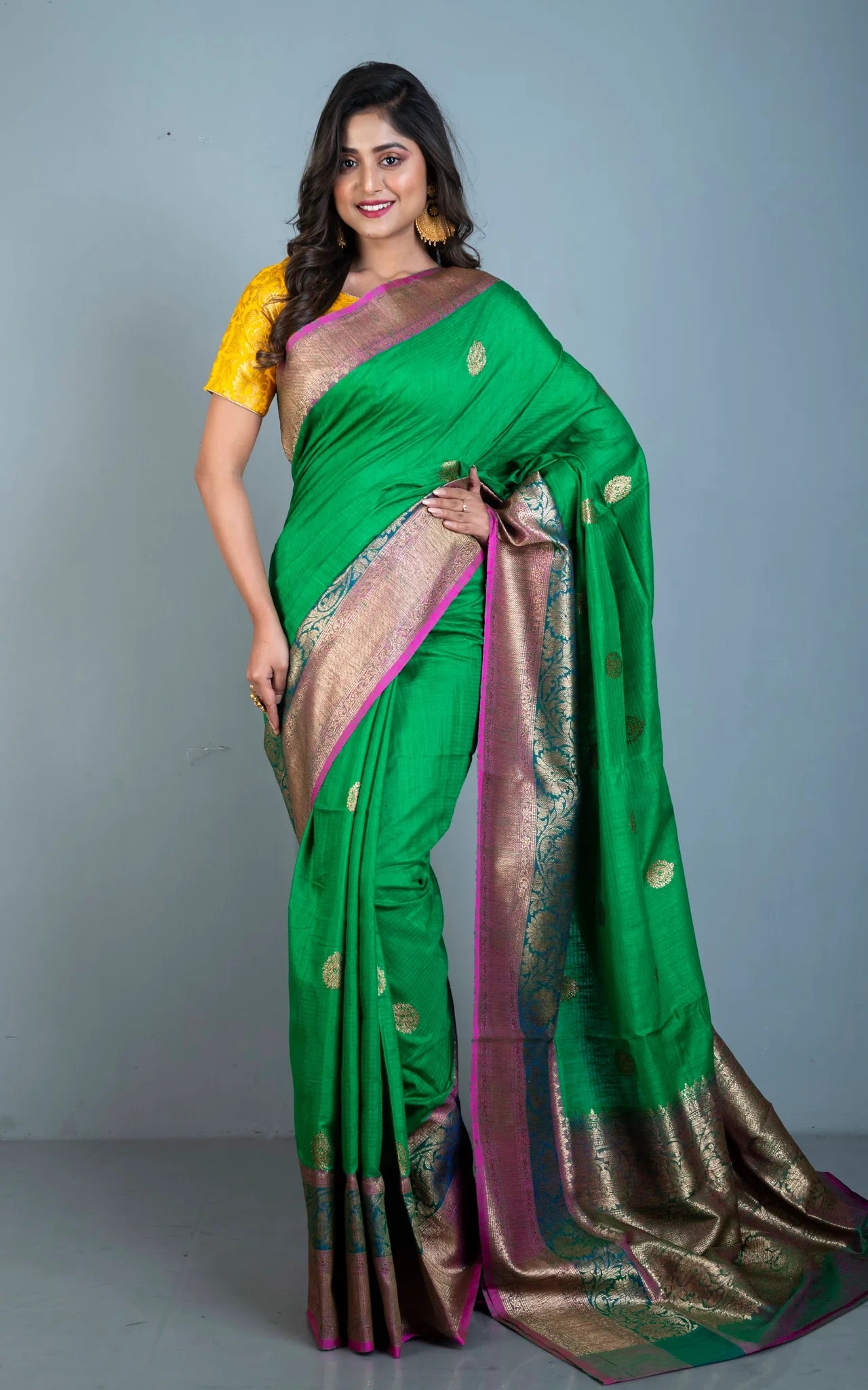 Silk Mark Certified Dupion Tussar Banarasi Saree in Natural Green.