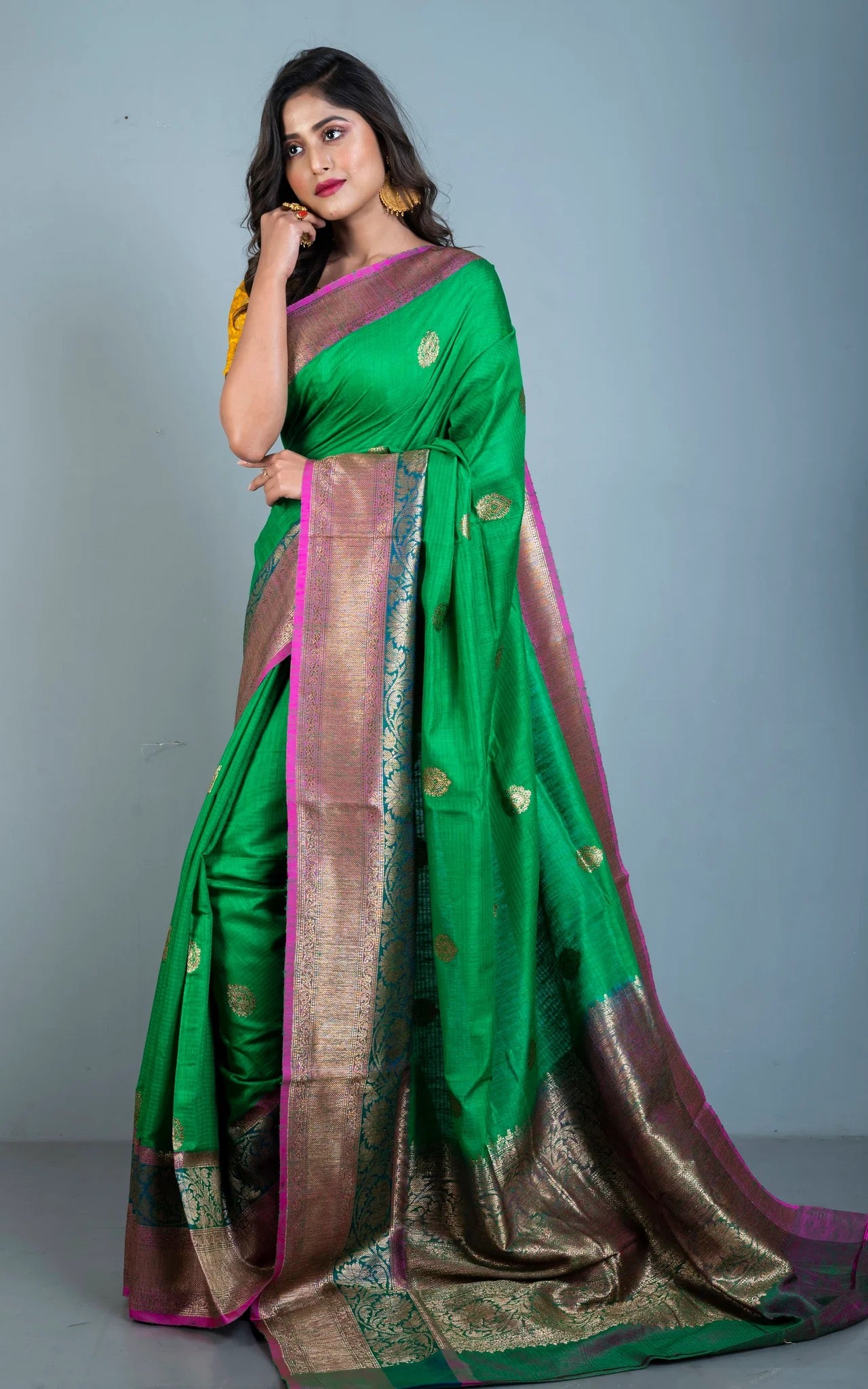 Silk Mark Certified Dupion Tussar Banarasi Saree in Natural Green.