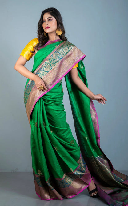 Silk Mark Certified Dupion Tussar Banarasi Saree in Natural Green.