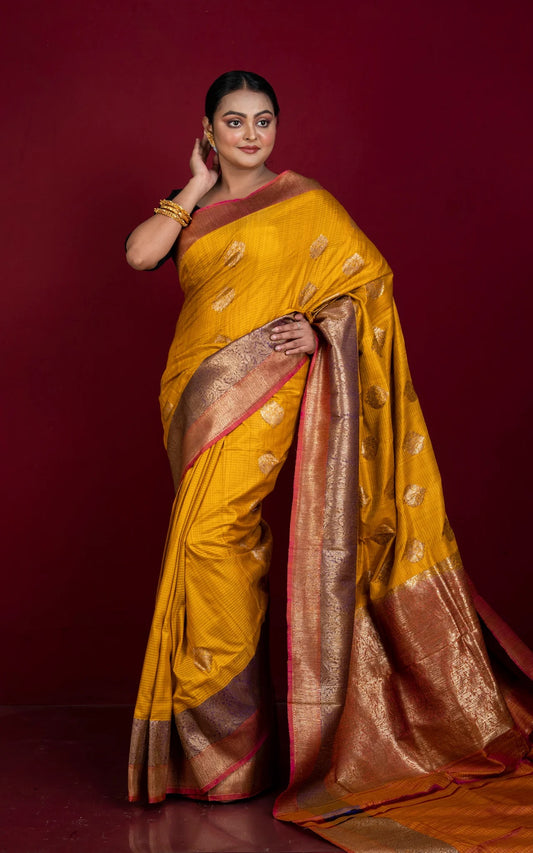 Silk Mark Certified Dupion Tussar Banarasi Saree in Golden Yellow.