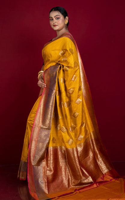 Silk Mark Certified Dupion Tussar Banarasi Saree in Golden Yellow.