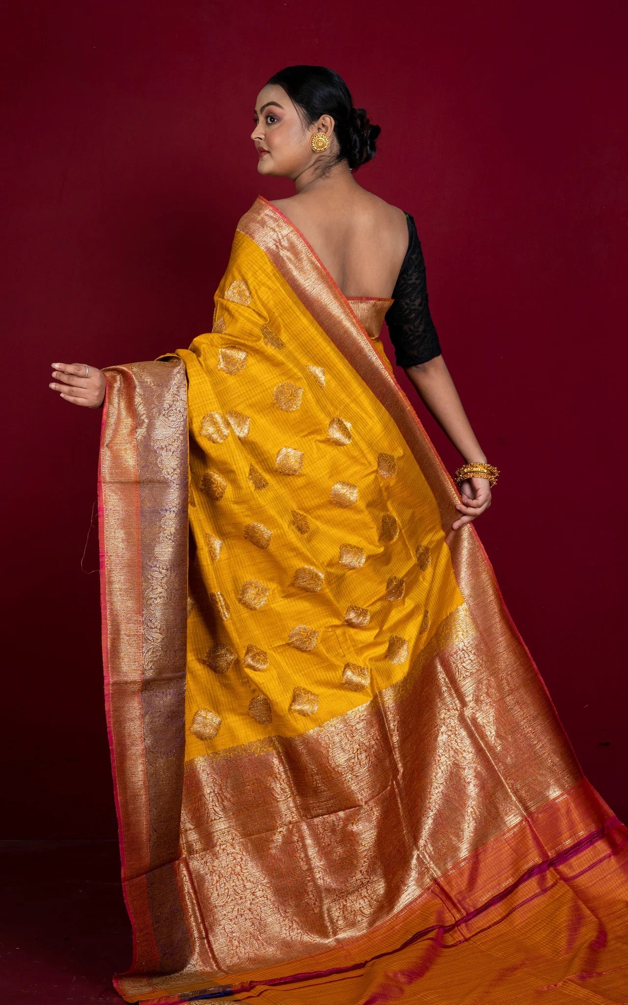 Silk Mark Certified Dupion Tussar Banarasi Saree in Golden Yellow.