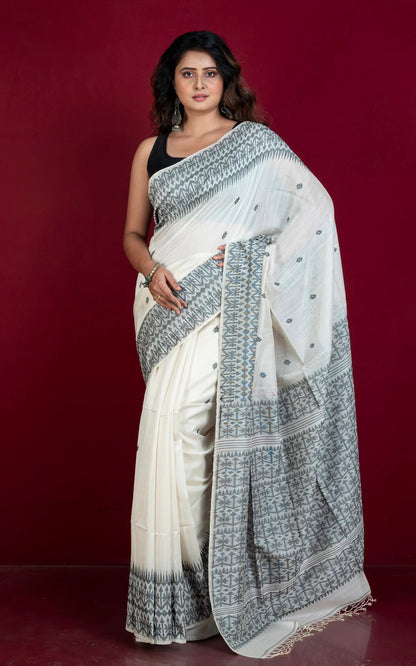 Bengal Cotton Silk Jamdani Saree in Off White and Black.
