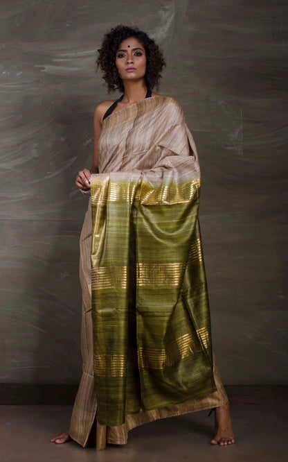 Gicha Tussar Saree in Natural Colour and Moss Green.