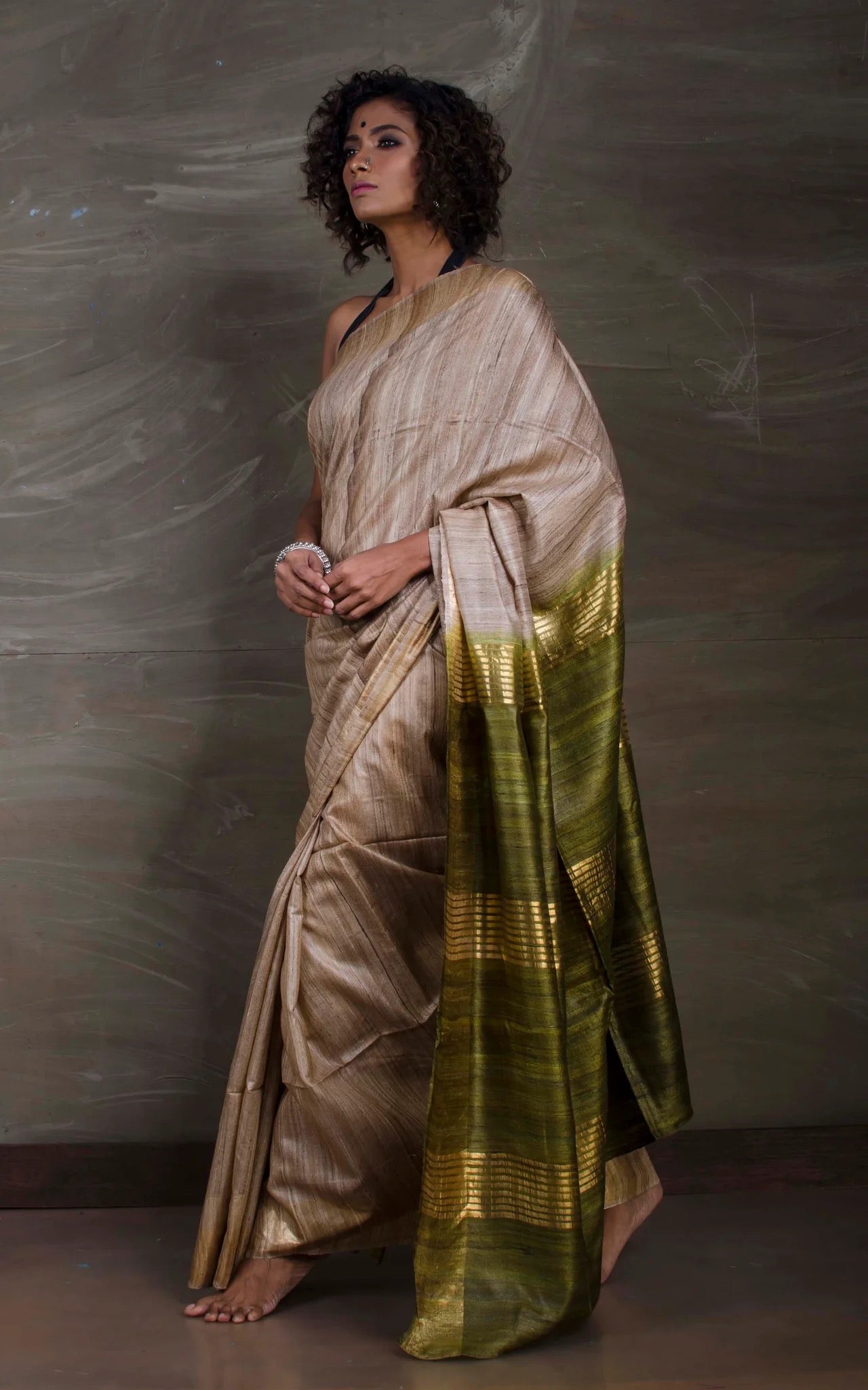 Gicha Tussar Saree in Natural Colour and Moss Green.