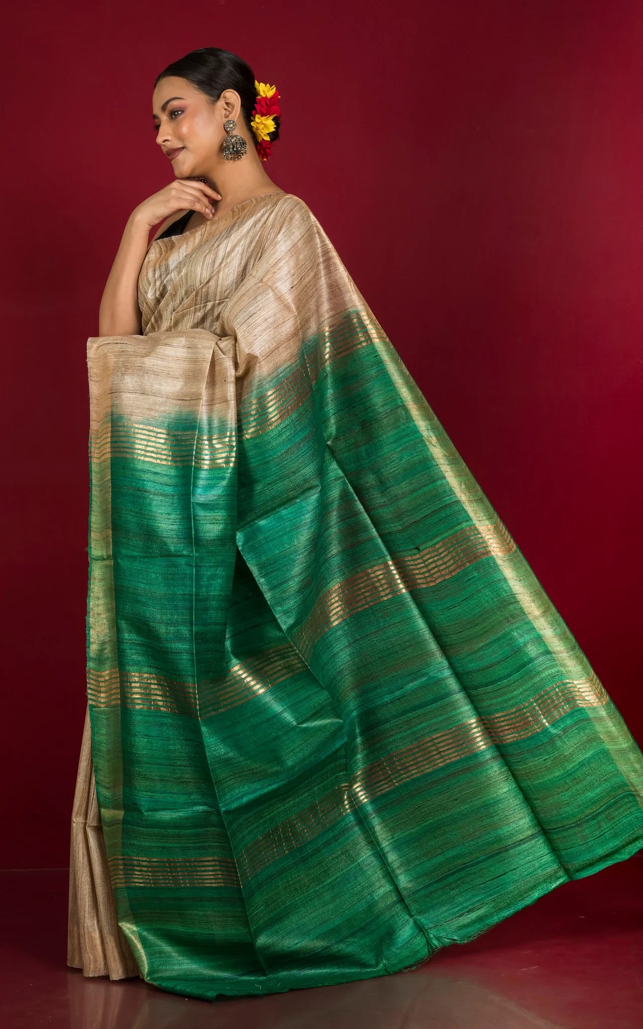 Gicha Tussar Saree in Natural Tussar Color and Emerald Green.