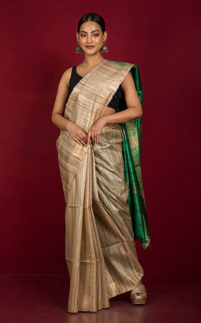 Gicha Tussar Saree in Natural Tussar Color and Emerald Green.