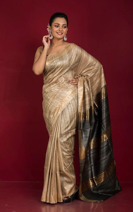 Gicha Tussar Saree in Natural Tussar Color and Charcoal Black.