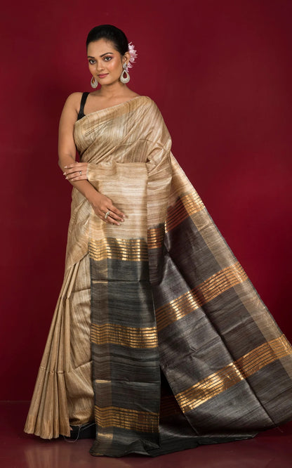 Gicha Tussar Saree in Natural Tussar Color and Charcoal Black.