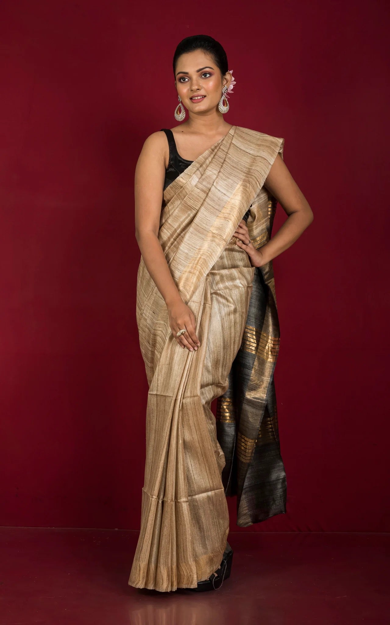 Gicha Tussar Saree in Natural Tussar Color and Charcoal Black.