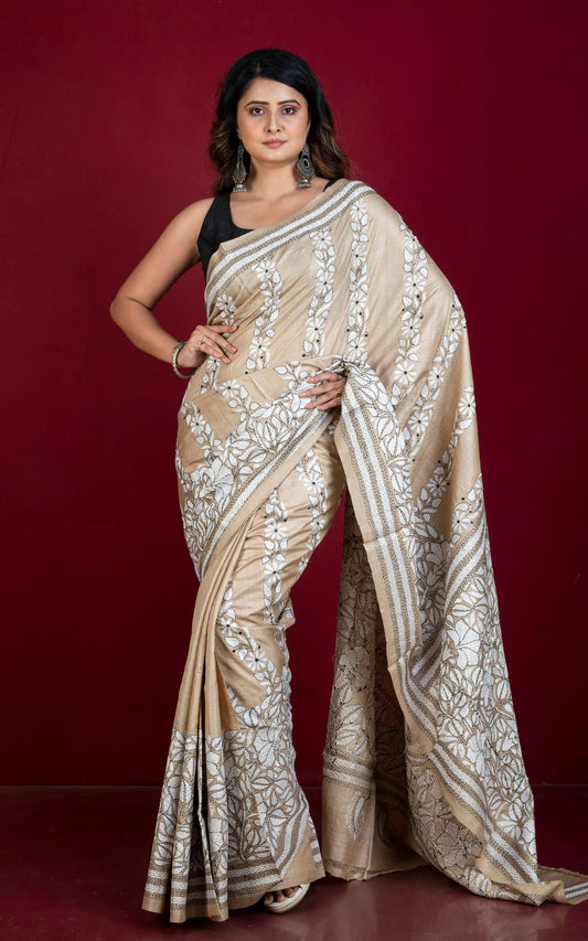 Pure Gachi Tussar Hand Embroidery Kantha Work Saree in Beige.