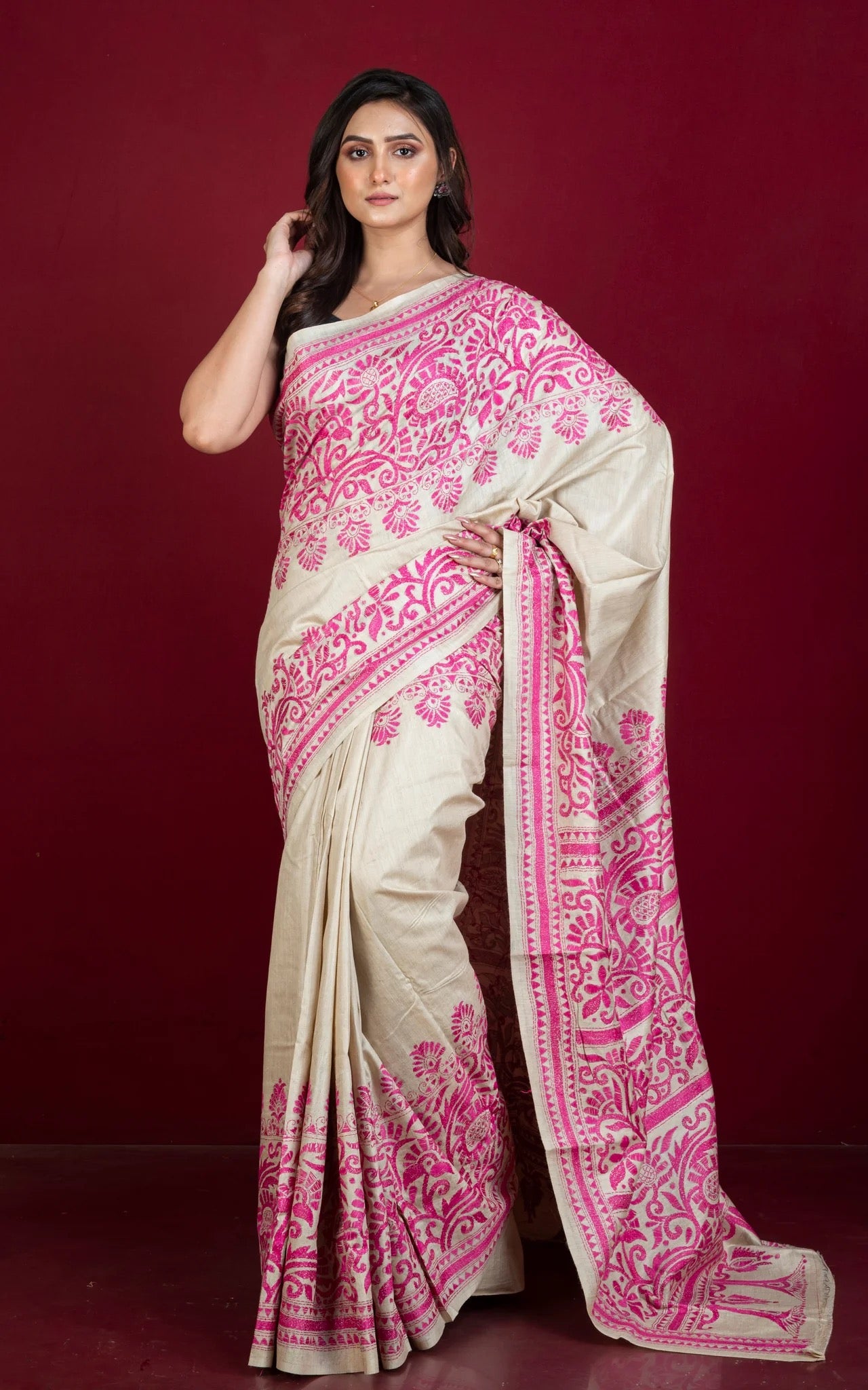 Kantha Embroidery Work on Pure Gachi Tussar Saree in Beige and Pink.