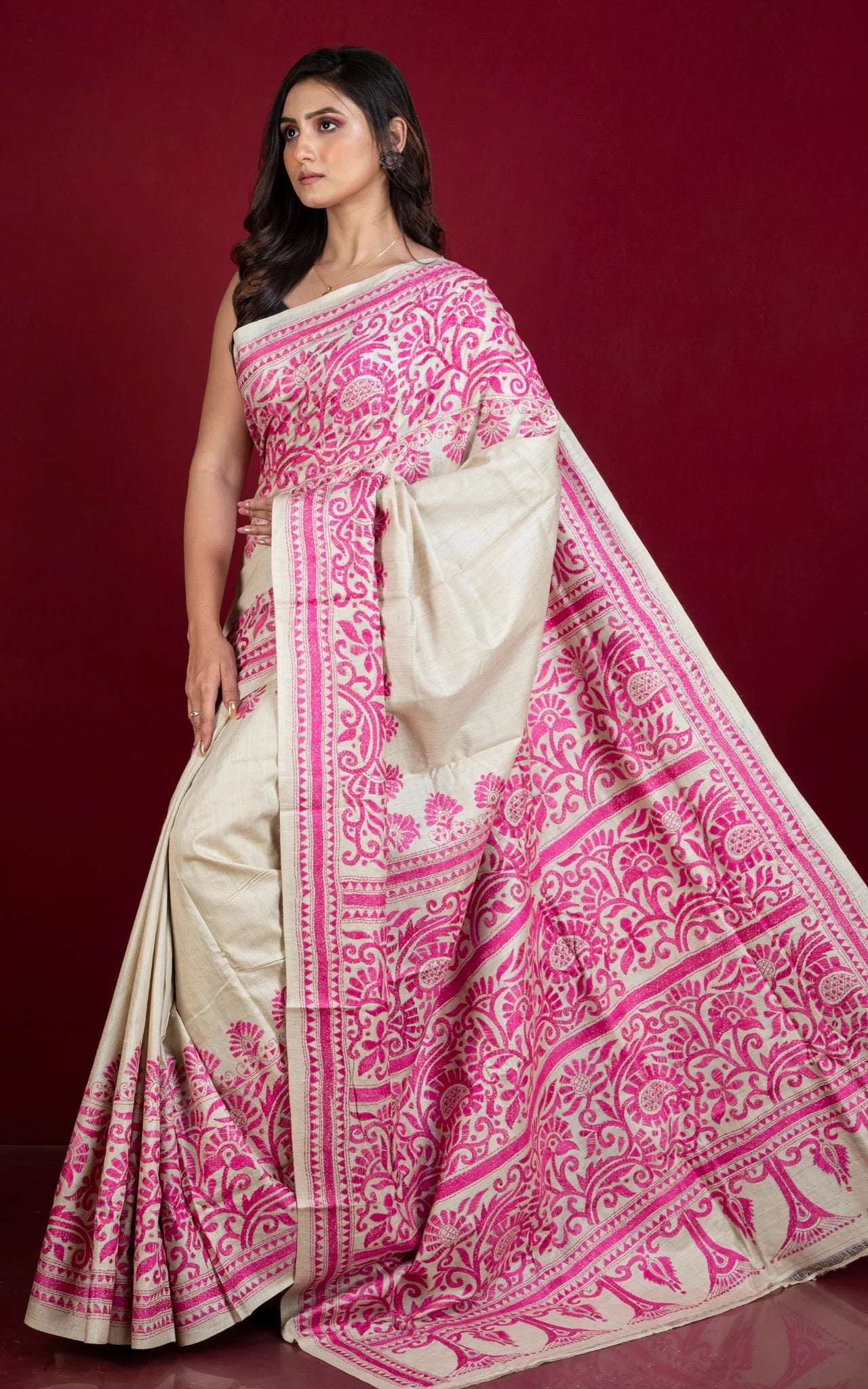 Kantha Embroidery Work on Pure Gachi Tussar Saree in Beige and Pink.