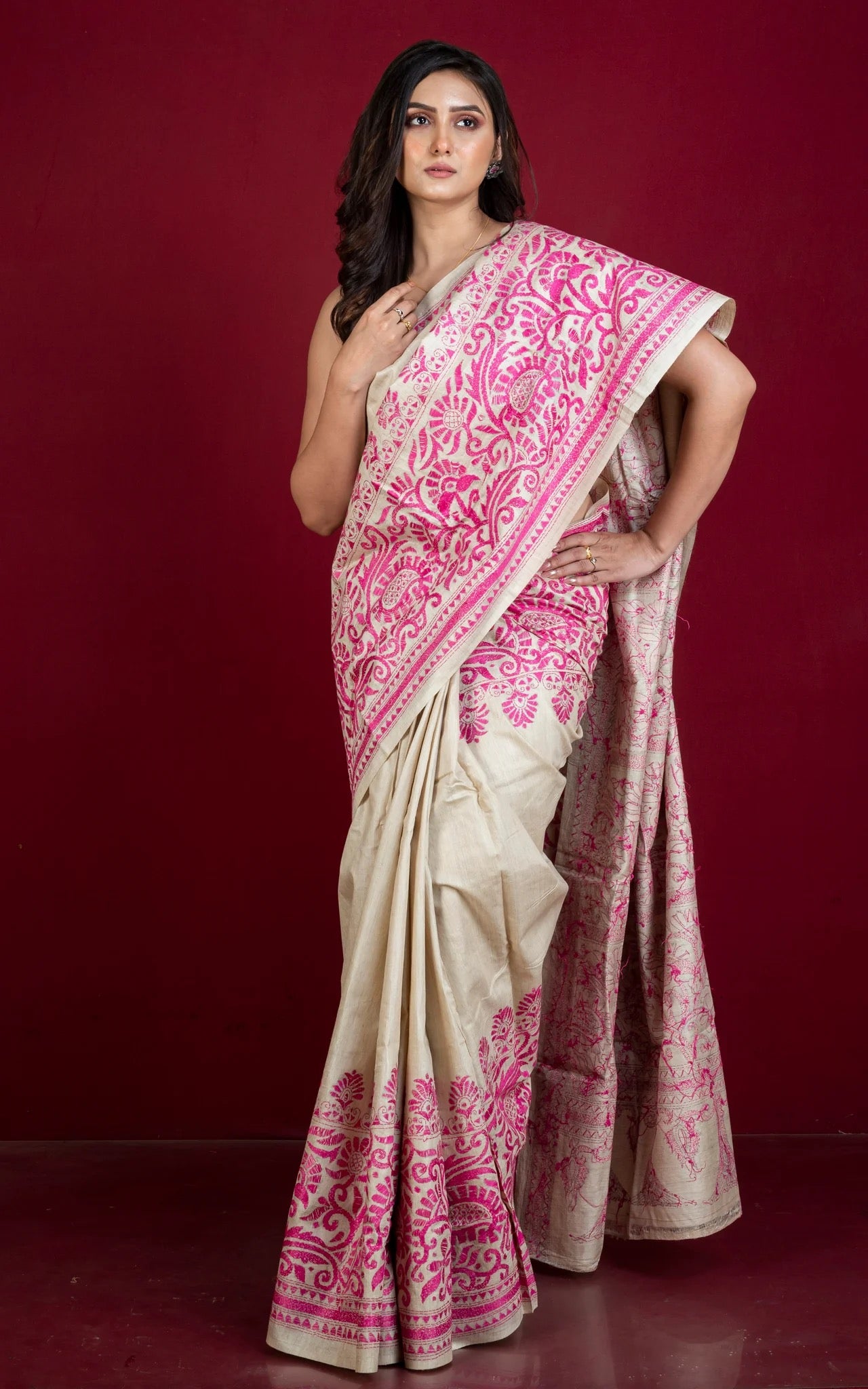 Kantha Embroidery Work on Pure Gachi Tussar Saree in Beige and Pink.