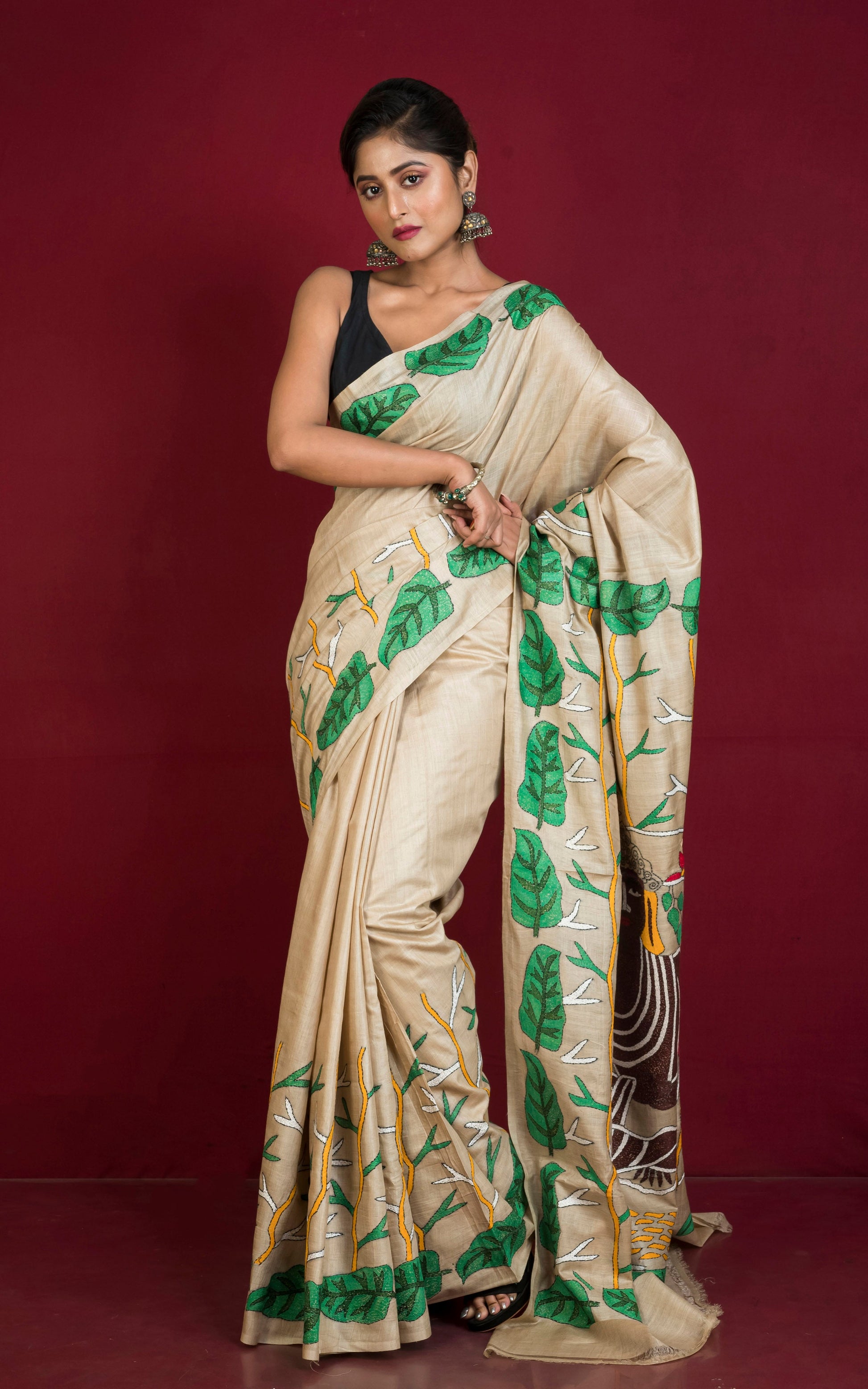 Premium Quality Hand Embroidery Kantha Work on Pure Gachi Tussar Saree in Beige.