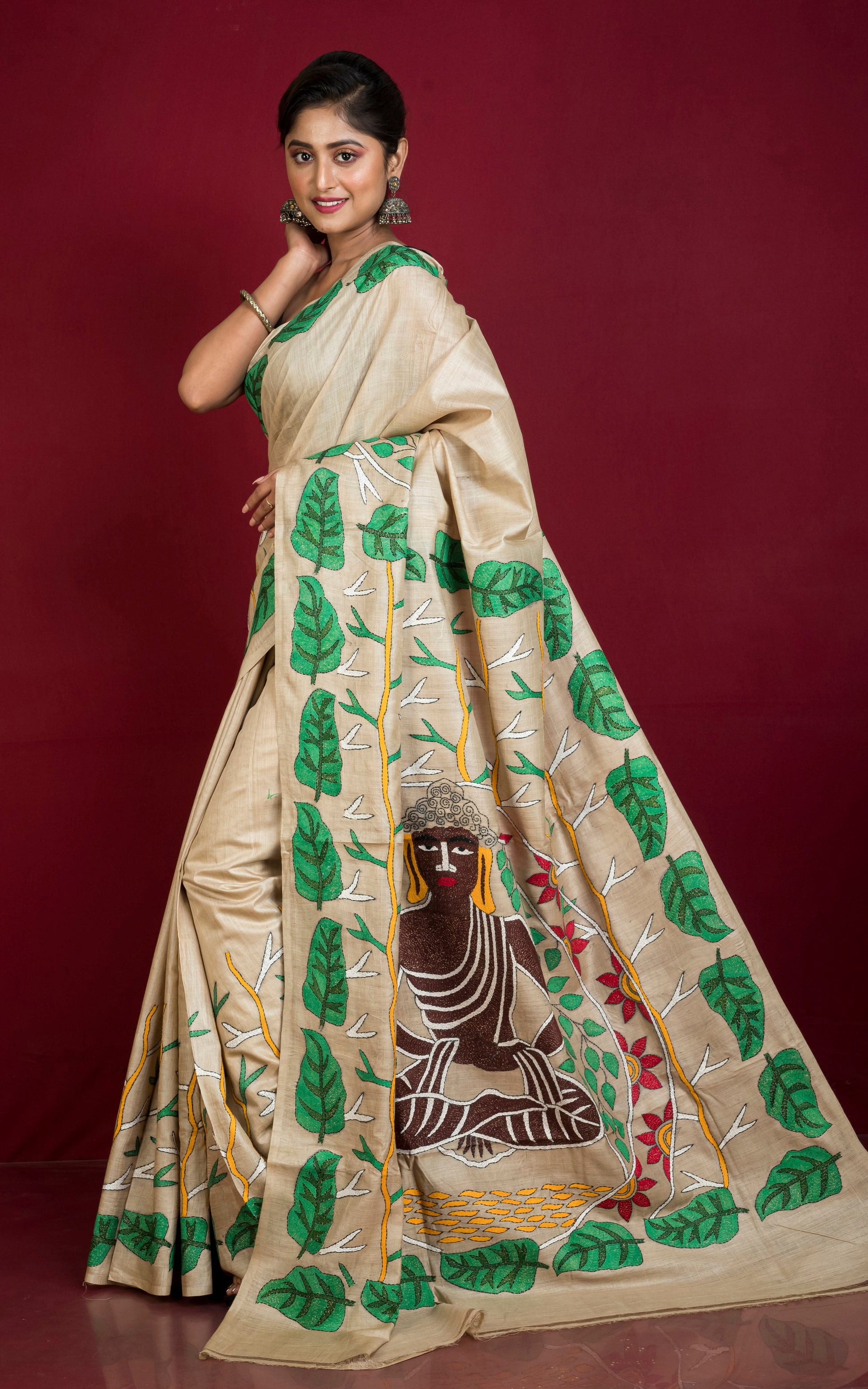 Premium Quality Hand Embroidery Kantha Work on Pure Gachi Tussar Saree in Beige.