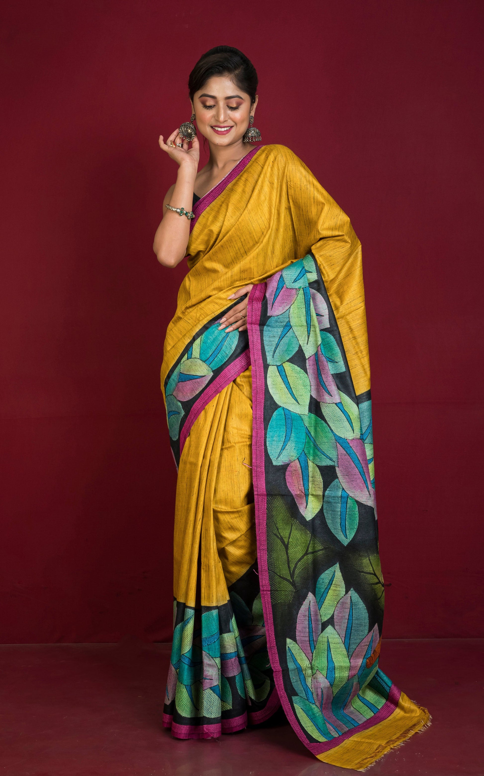 Hand Painted and Hand Embroidery Work Tussar Silk Kantha Work Saree in Golden Yellow.