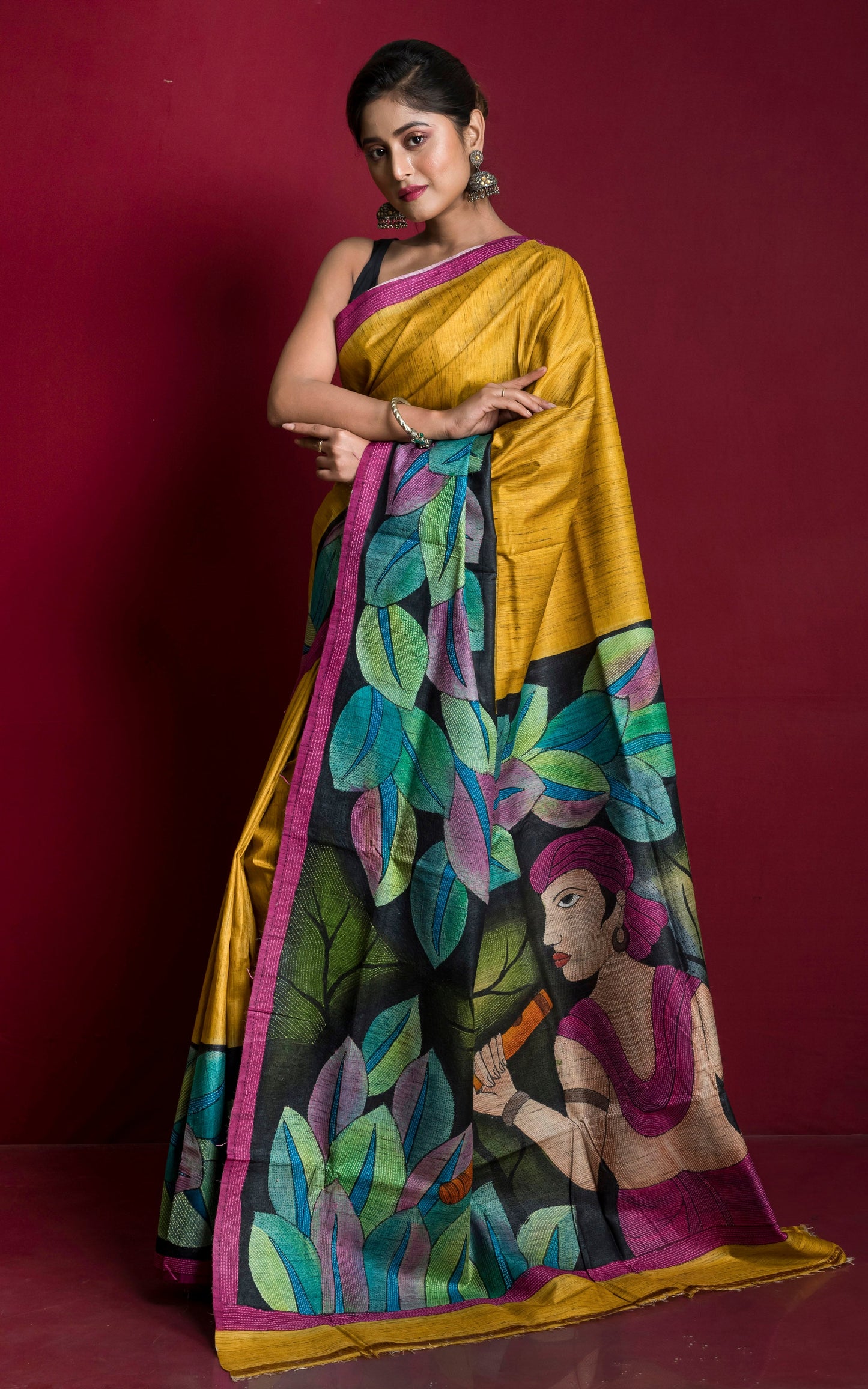 Hand Painted and Hand Embroidery Work Tussar Silk Kantha Work Saree in Golden Yellow.