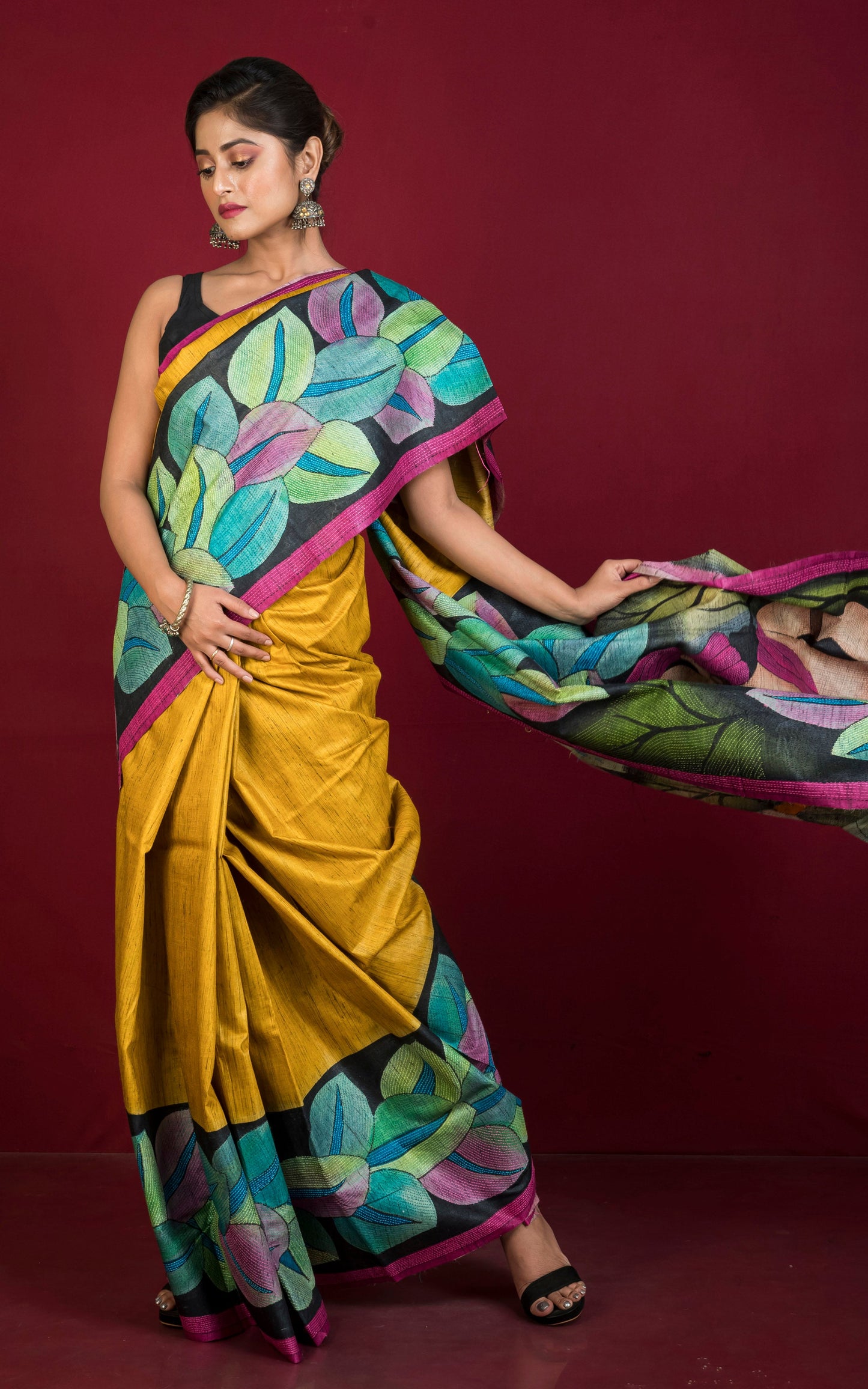 Hand Painted and Hand Embroidery Work Tussar Silk Kantha Work Saree in Golden Yellow.