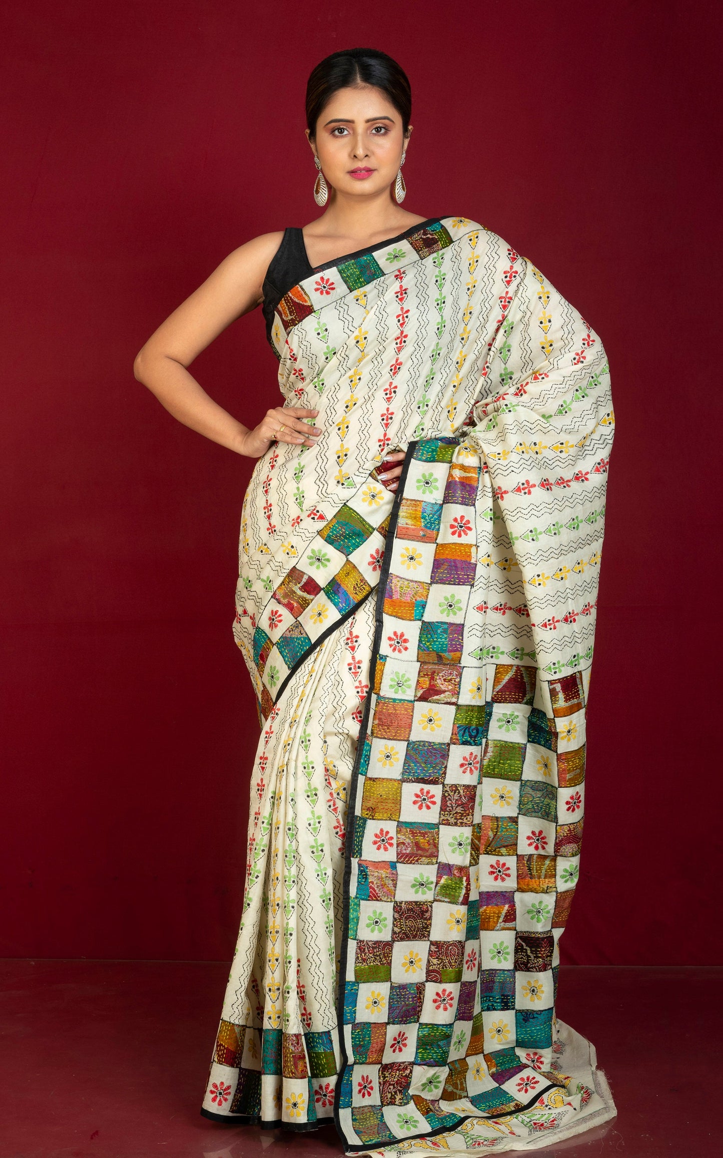 Hand Embroidery Tussar Silk Kantha Work Saree in Off White.