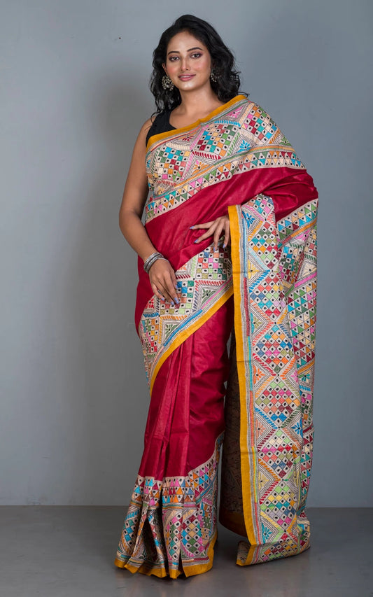 Tie-Dye Gachi Tussar Silk Hand Embroidery Kantha Stitch Saree in Bright Red.