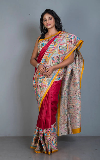 Tie-Dye Gachi Tussar Silk Hand Embroidery Kantha Stitch Saree in Bright Red.