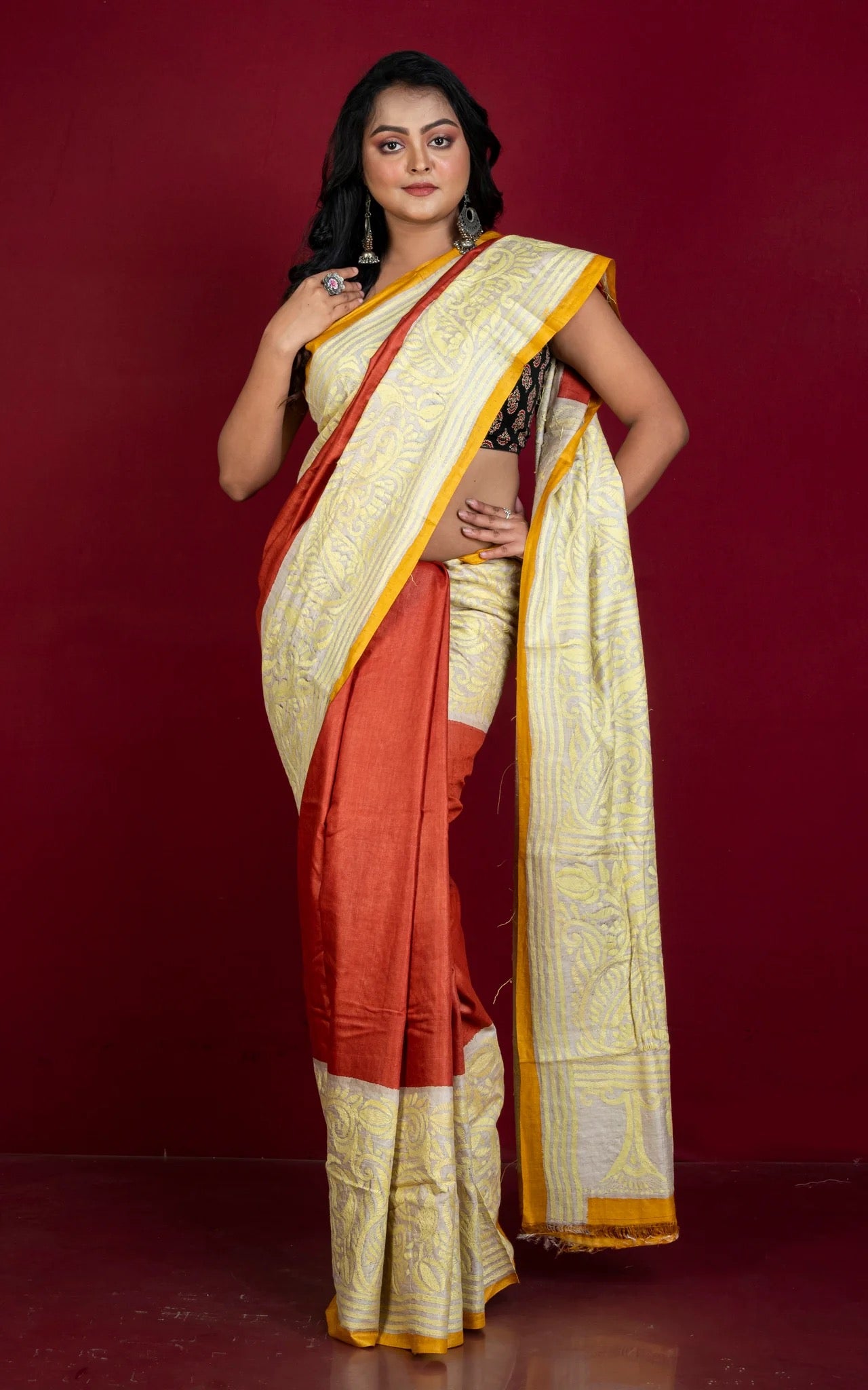 Tie-Dye Gachi Tussar Silk Hand Embroidery Kantha Stitch Saree in Rust Brown.