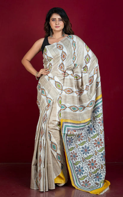 Hand Painted and Hand Embroidery Tussar Silk Kantha Work Saree.