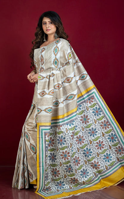 Hand Painted and Hand Embroidery Tussar Silk Kantha Work Saree.