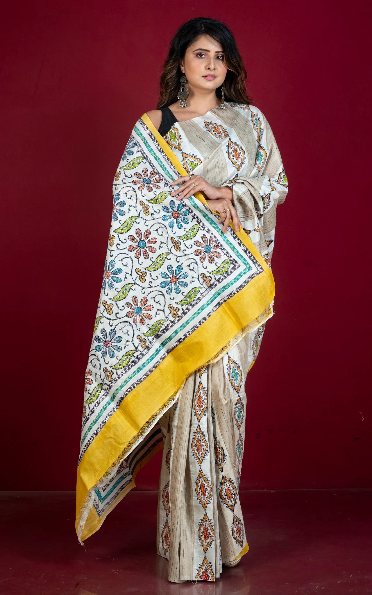 Hand Painted and Hand Embroidery Tussar Silk Kantha Work Saree.