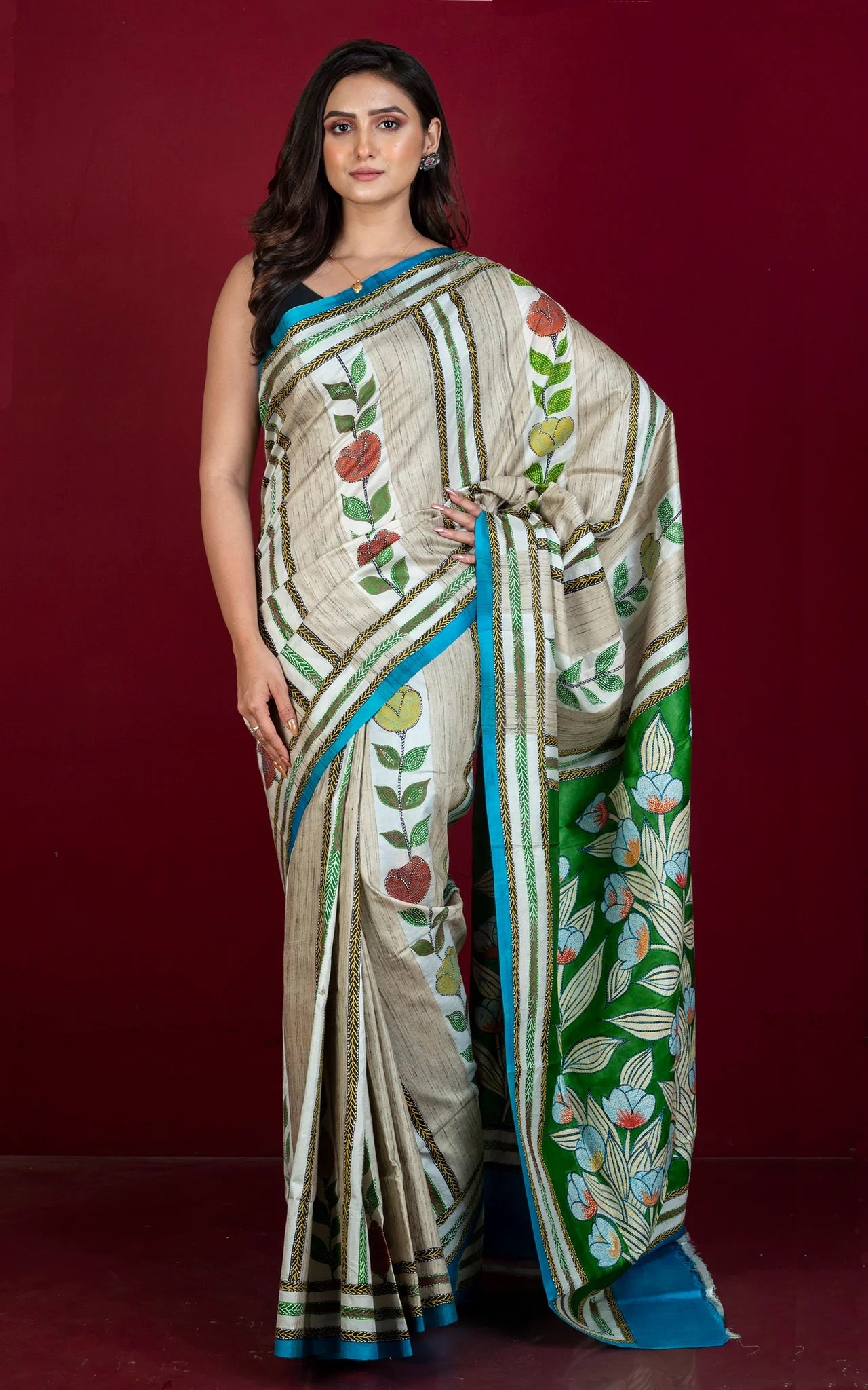 Hand Painted and Hand Embroidery Tussar Silk Kantha Work Saree.