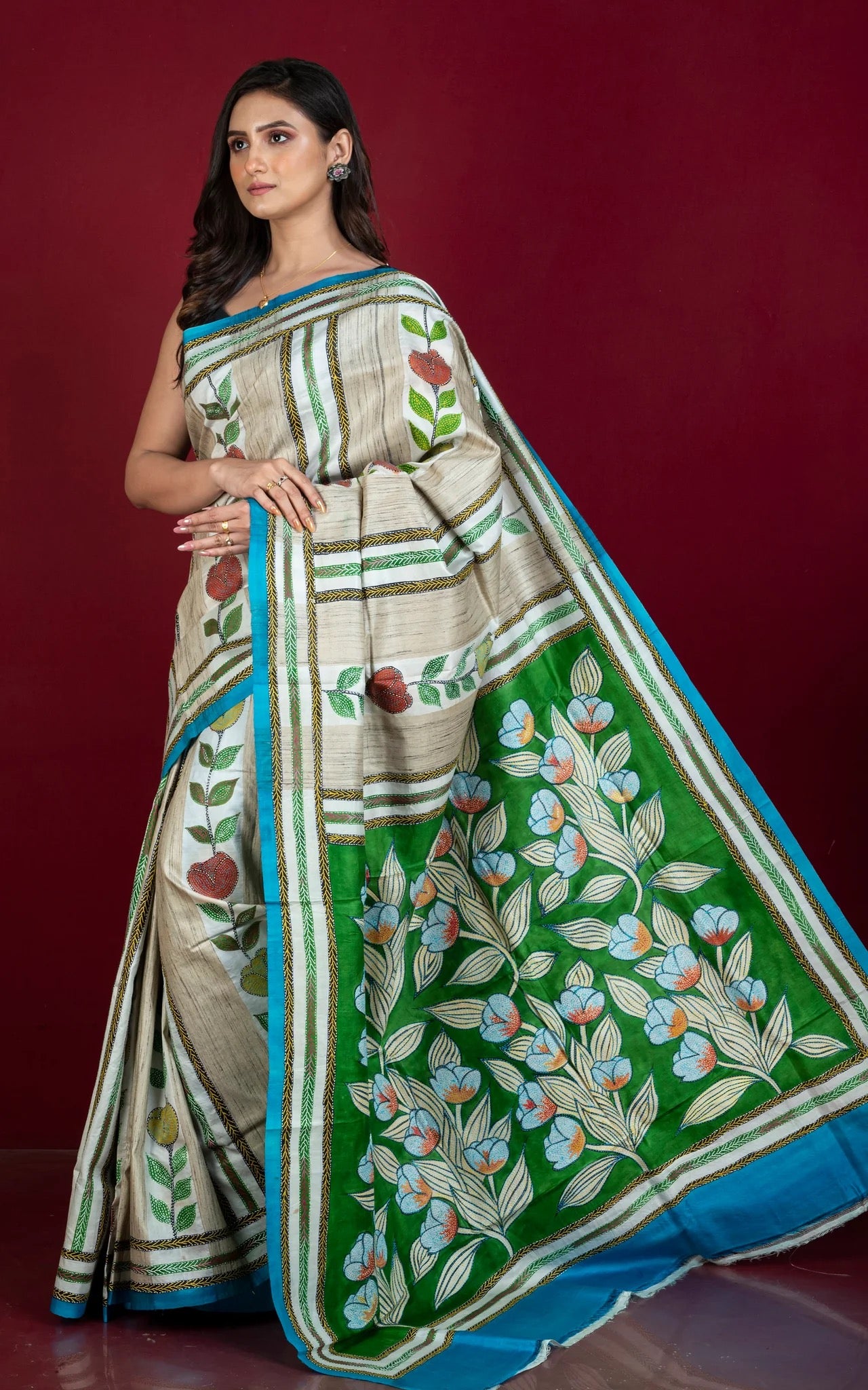 Hand Painted and Hand Embroidery Tussar Silk Kantha Work Saree.