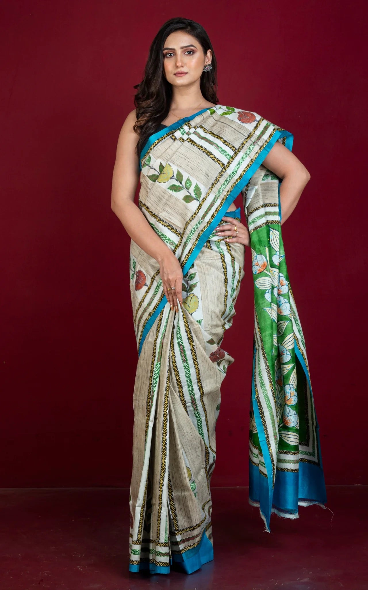 Hand Painted and Hand Embroidery Tussar Silk Kantha Work Saree.