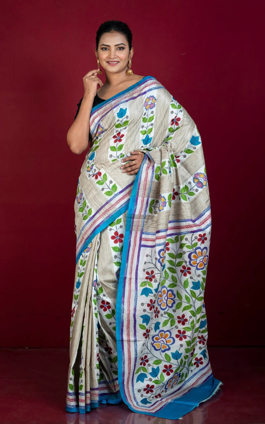 Hand Painted and Hand Embroidery Tussar Kantha Saree - Bengali Saree.