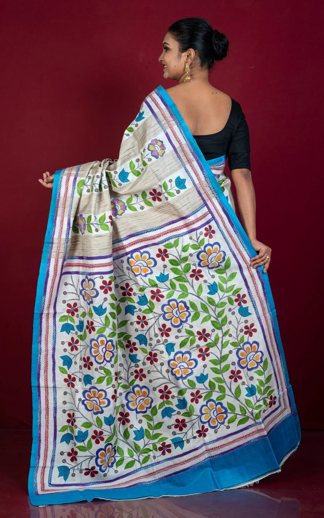 Hand Painted and Hand Embroidery Tussar Kantha Saree - Bengali Saree.