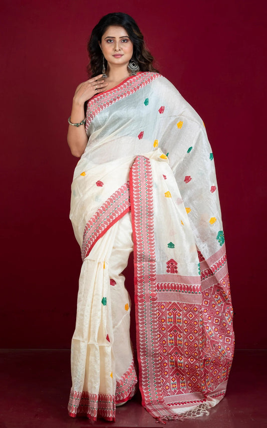 Bengal Tussar Silk Saree in Cream and Red - Premium Bengal Collection.