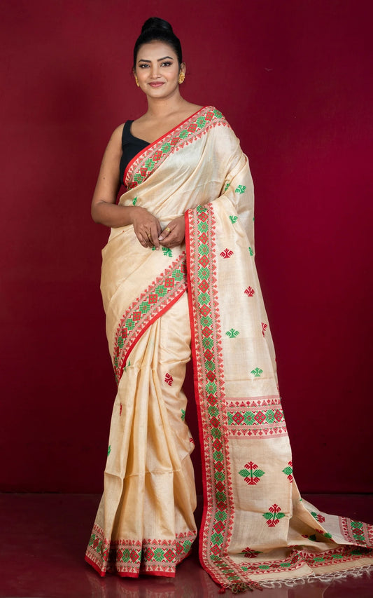Assam Saree Inspired Bengal Tussar Silk Saree in Beige and Red.