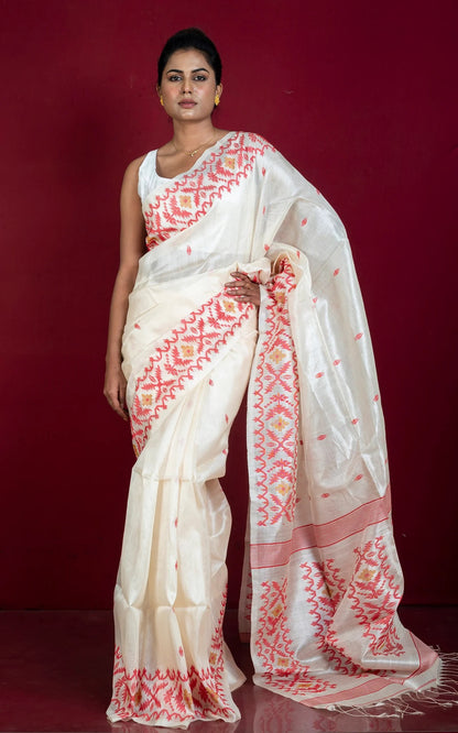 Silk Mark Certified Bengal Tussar Jamdani Saree in Off White & Red.